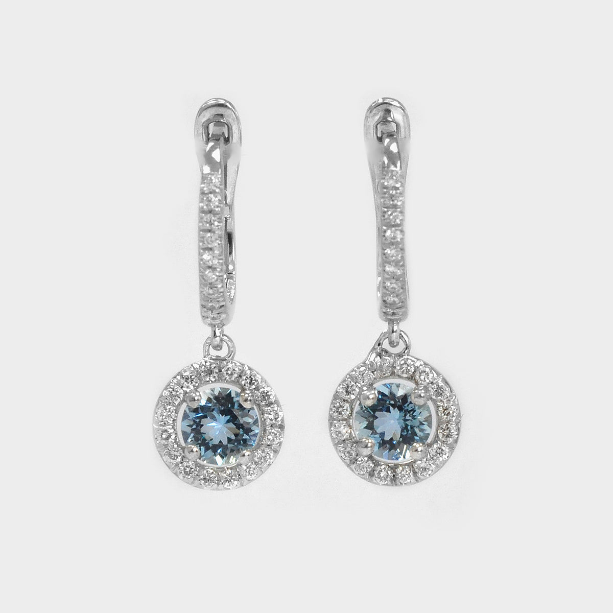 Round Aquamarine and Halo Diamonds Earrings