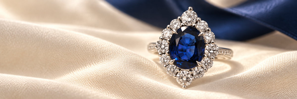 Blue sapphire and diamond engagement ring on soft ivory fabric