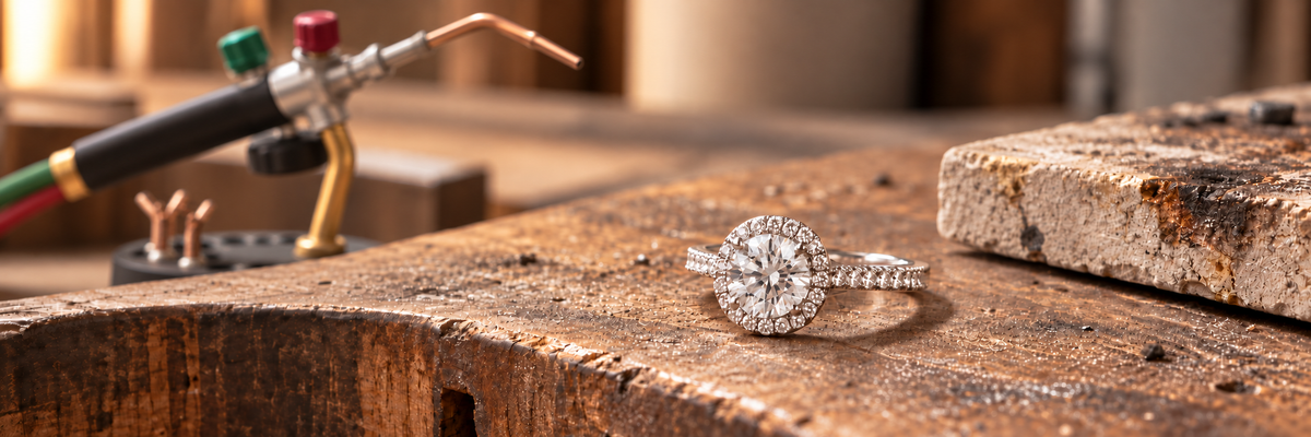 White diamond engagement ring on jeweler's workbench