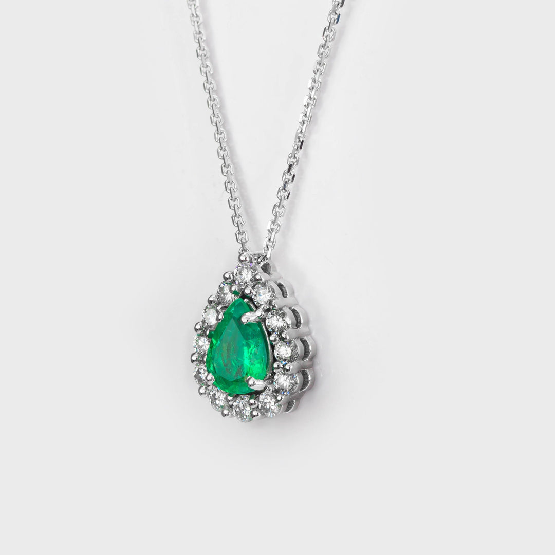 Green Emerald &amp; Diamonds Delicate Halo Pendant
