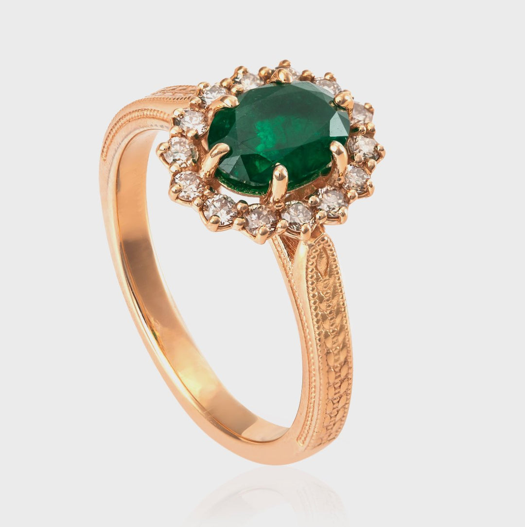 Rose gold Emerald &amp; diamonds vintage style ring
