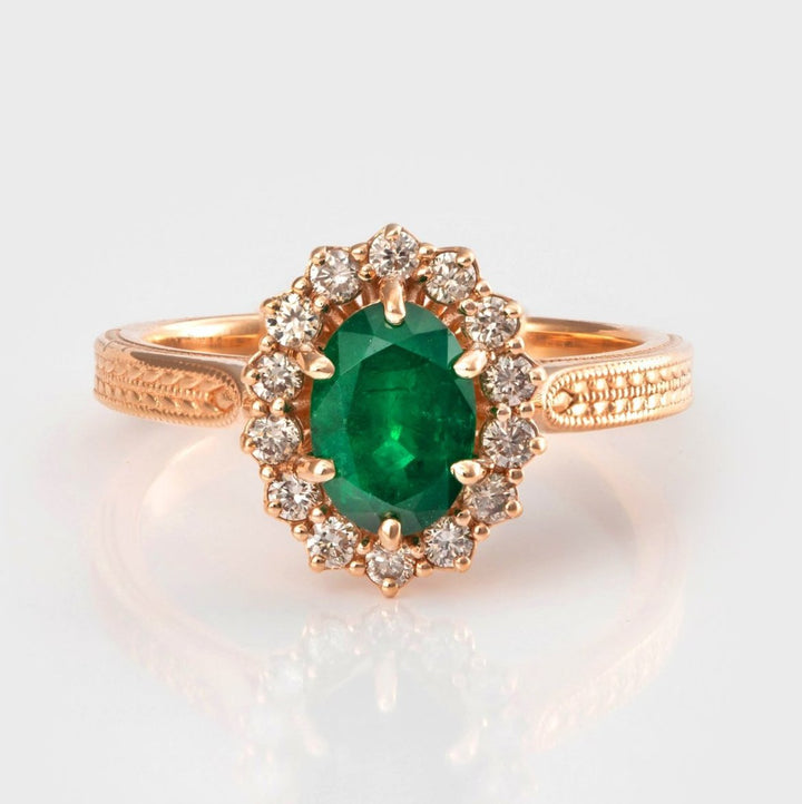 Rose gold Emerald &amp; diamonds vintage style ring