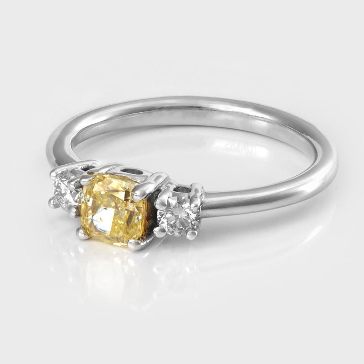 Fancy Yellow cushion Cut diamond 3 stones Ring