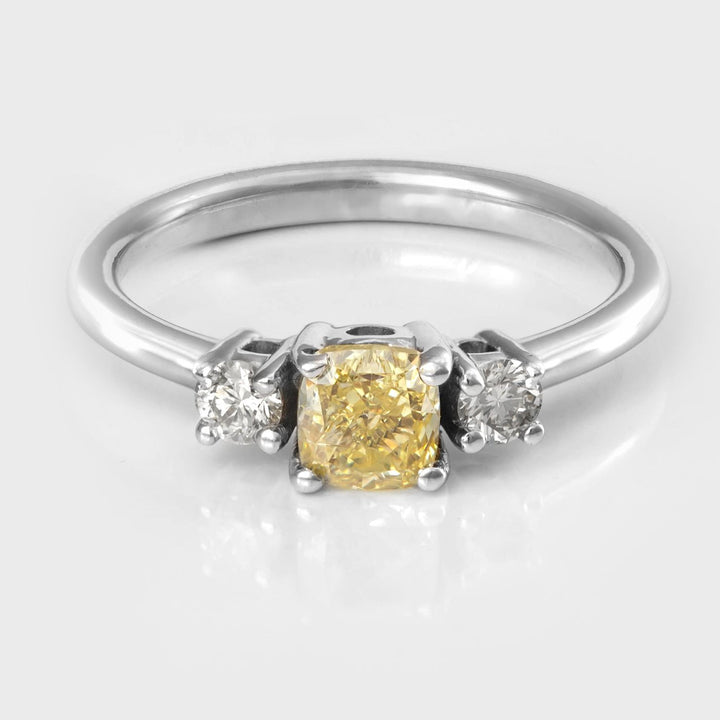 Fancy Yellow cushion Cut diamond 3 stones Ring