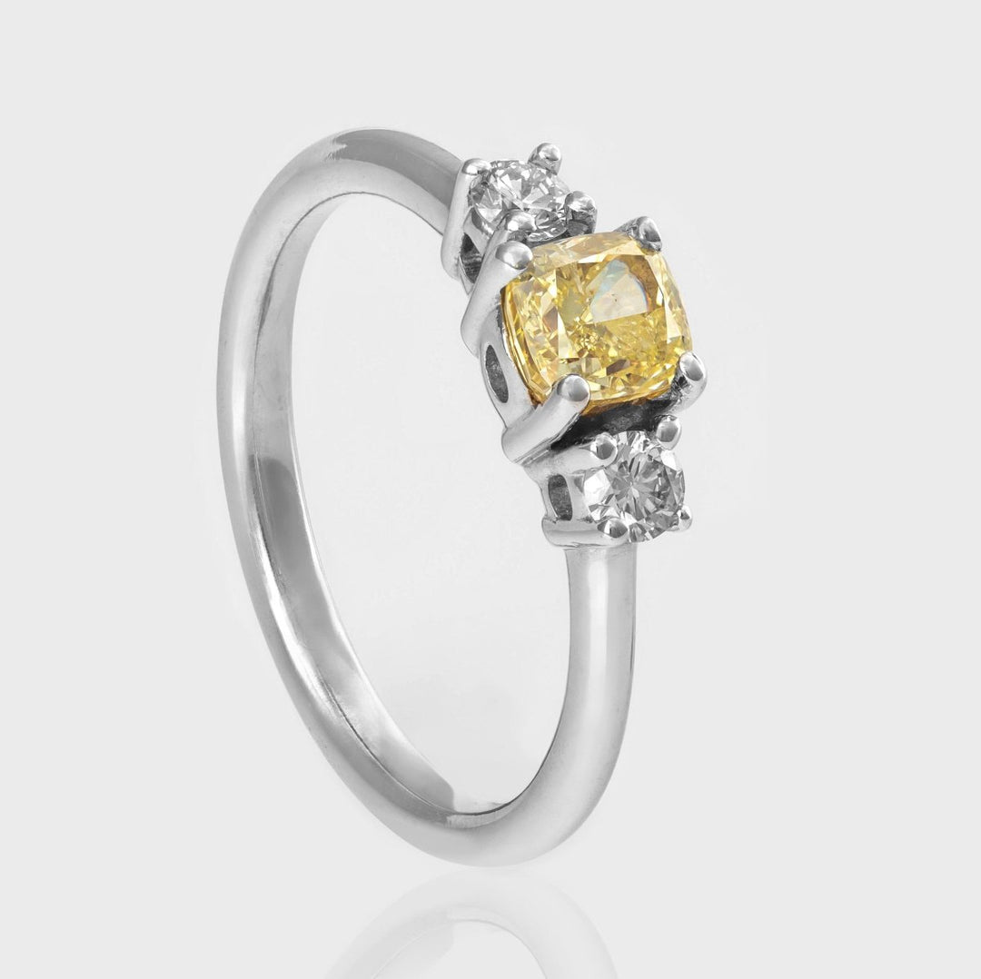 Fancy Yellow cushion Cut diamond 3 stones Ring