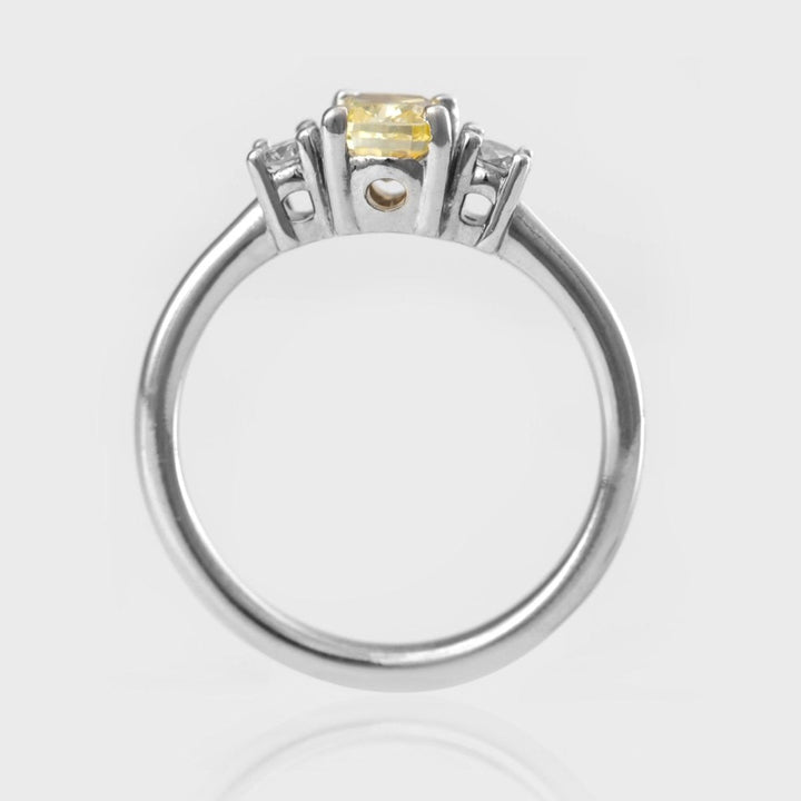 Fancy Yellow cushion Cut diamond 3 stones Ring