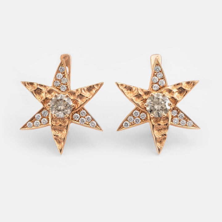 LIGHT BROWN center diamonds star flower earrings