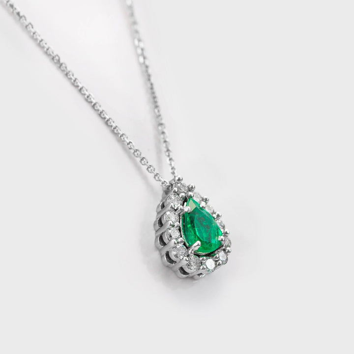 Green Emerald &amp; Diamonds Delicate Halo Pendant