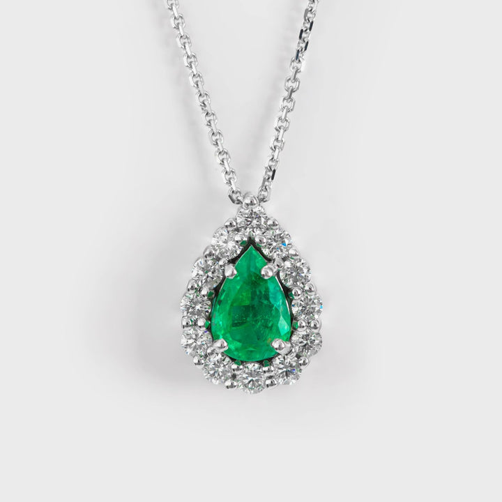 Green Emerald &amp; Diamonds Delicate Halo Pendant