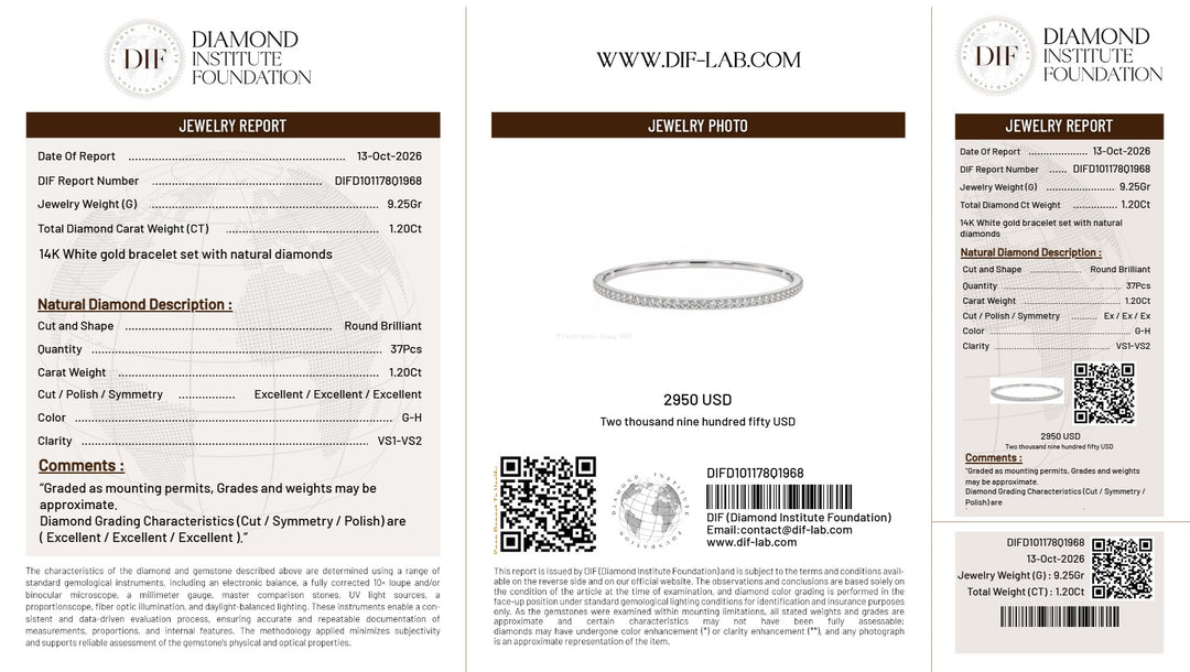 DIF jewelry report DIFD10117801968 / תעודת DIF לצמיד בנגל יהלומים