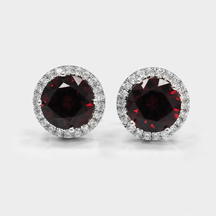 Round Garnet and Diamonds Halo Earrings