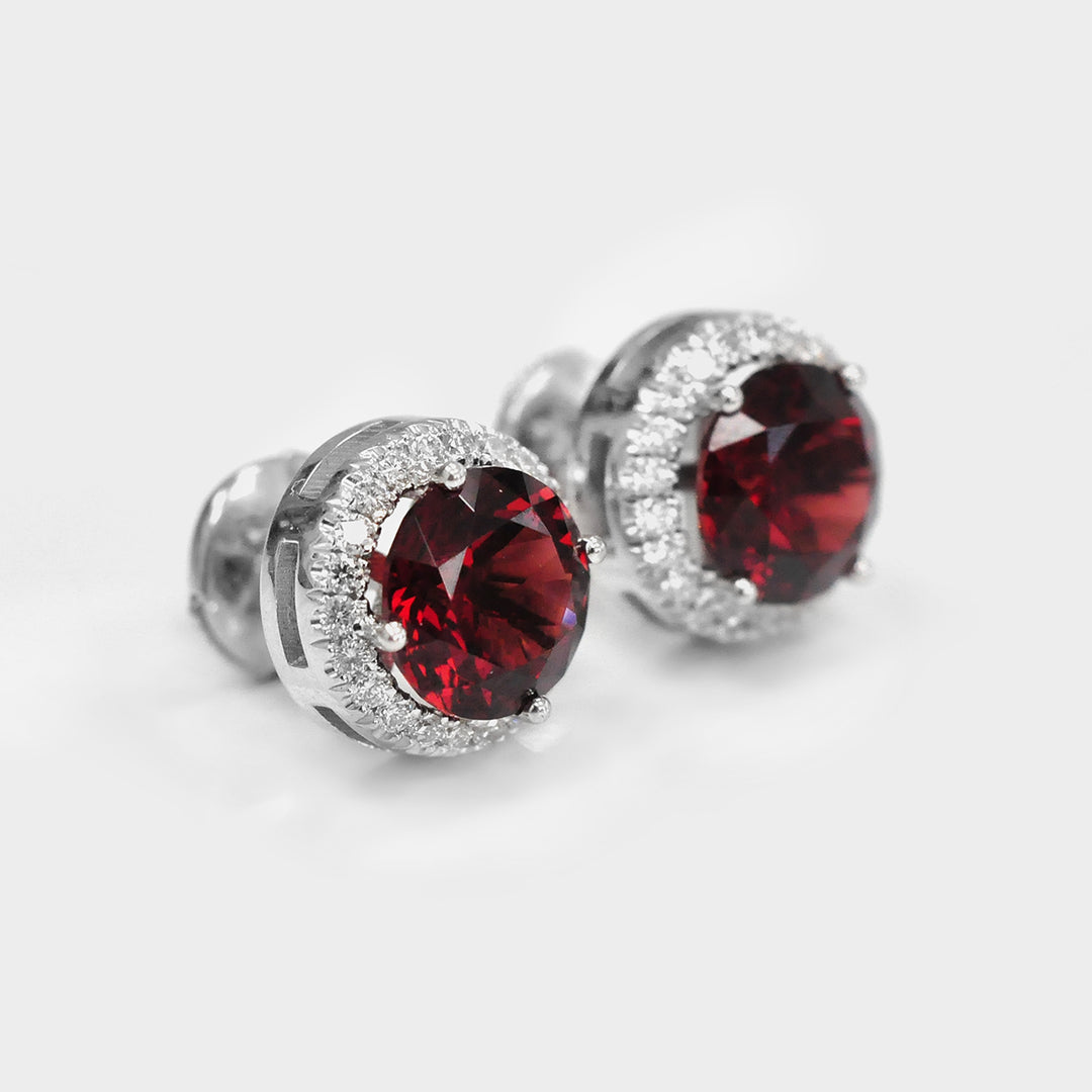 Round Garnet and Diamonds Halo Earrings