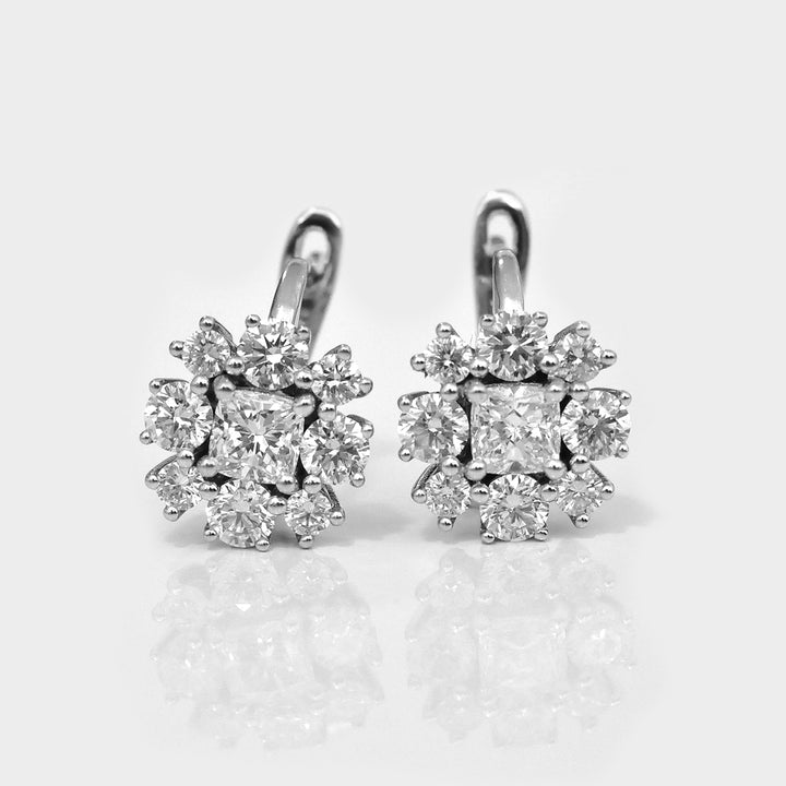 Cushion &amp; Round Diamonds White Gold Cluster Earrings