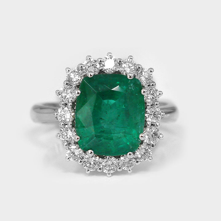 Green Emerald Ring and White Diamonds Halo