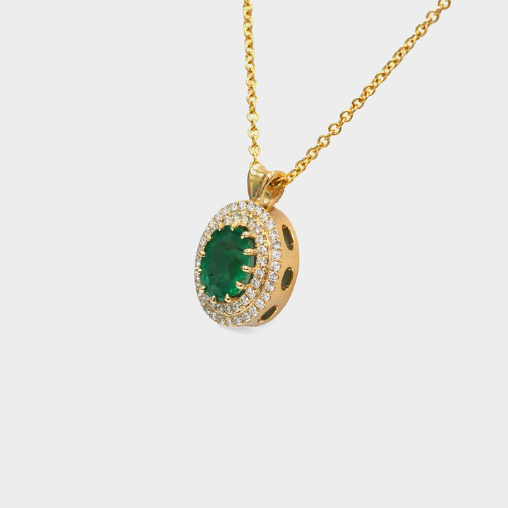 Oval Green Emerald and Diamonds Double Halo Pendant