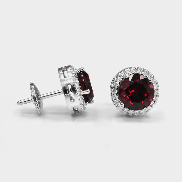 Round Garnet and Diamonds Halo Earrings