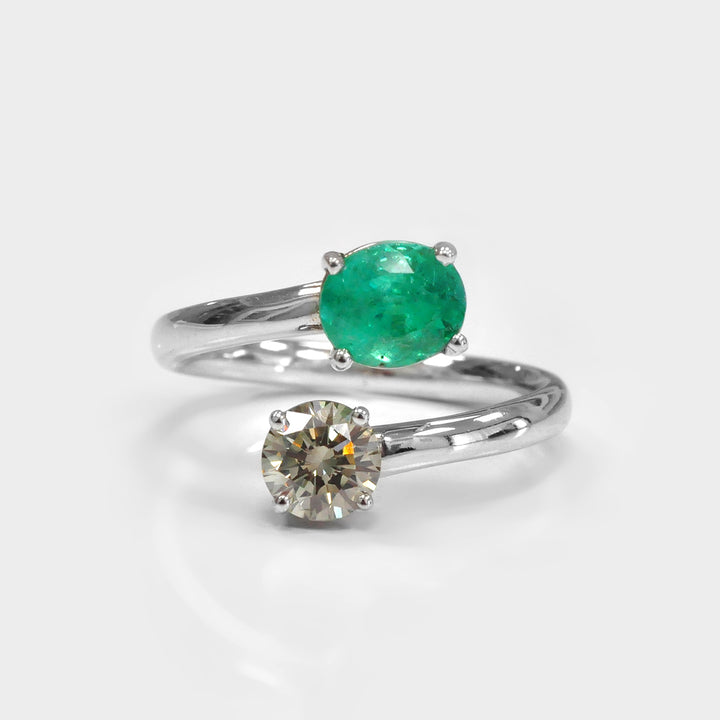 Oval Green Emerald and Diamond Classic Twin Ring