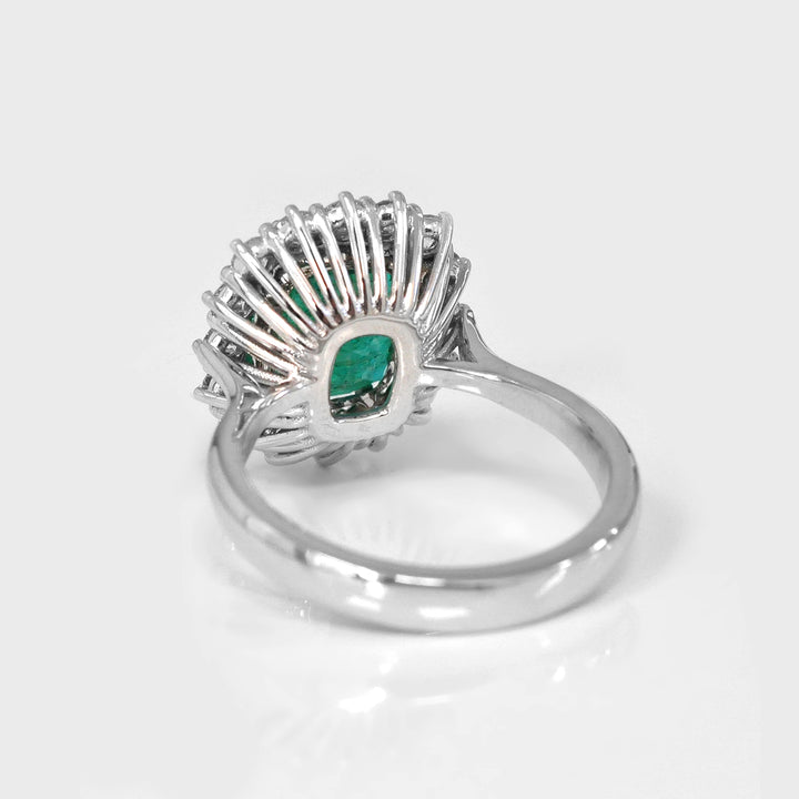 Green Emerald Ring and White Diamonds Halo