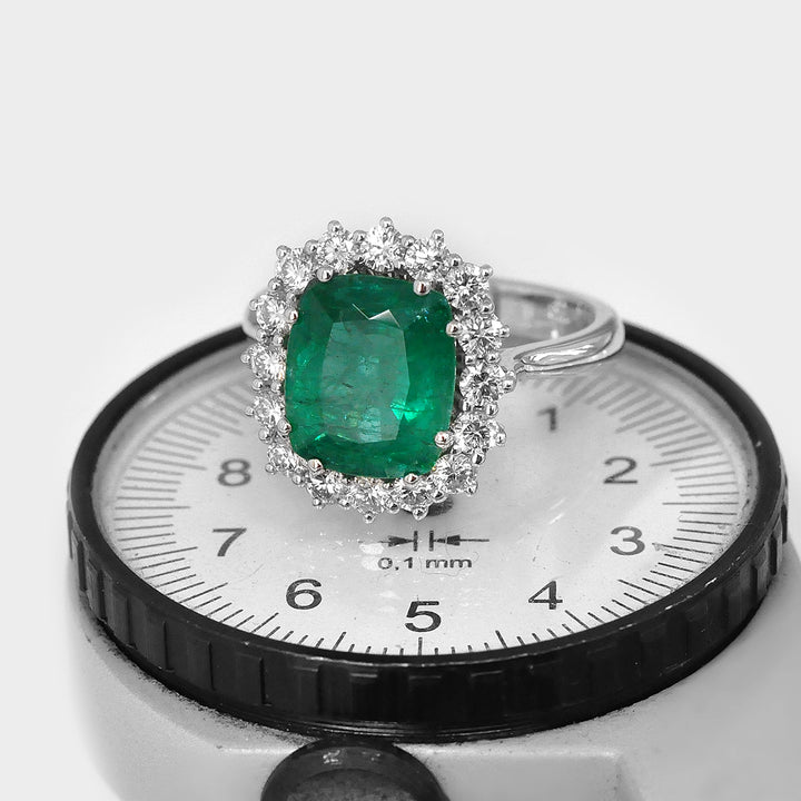 Green Emerald Ring and White Diamonds Halo