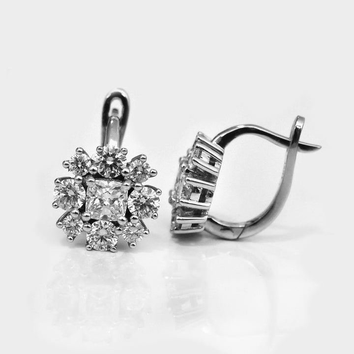 Cushion &amp; Round Diamonds White Gold Cluster Earrings