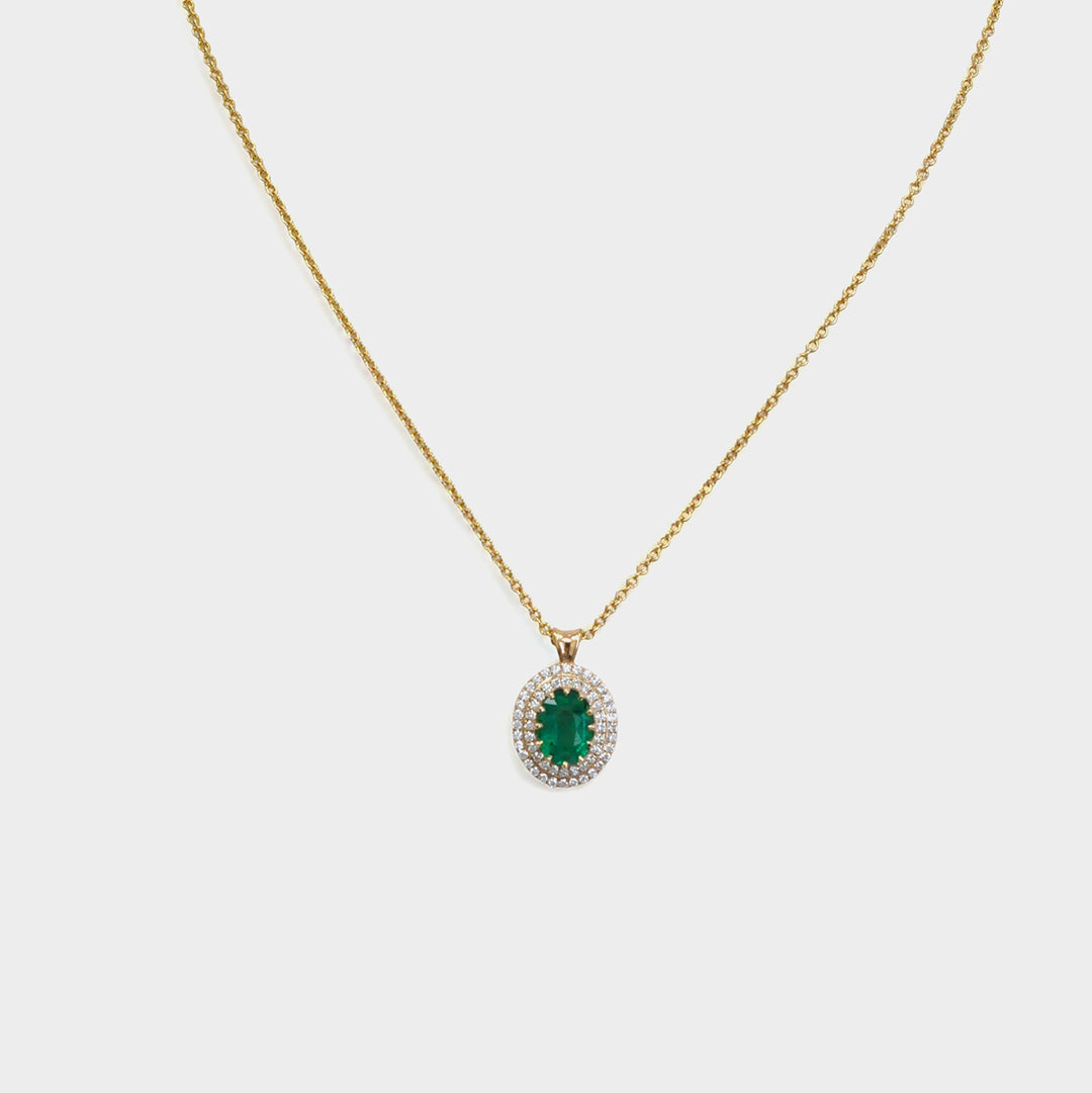 Oval Green Emerald and Diamonds Double Halo Pendant