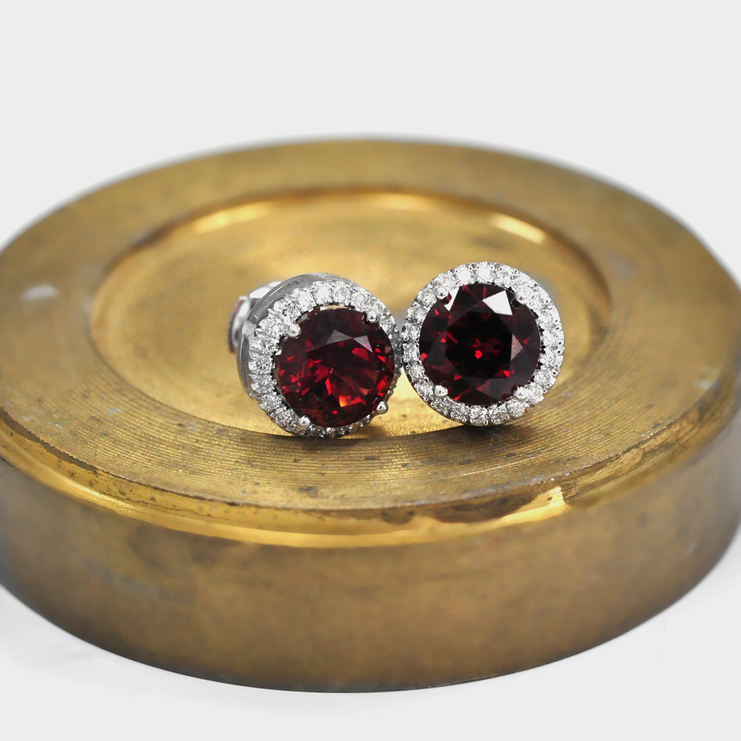 Round Garnet and Diamonds Halo Earrings