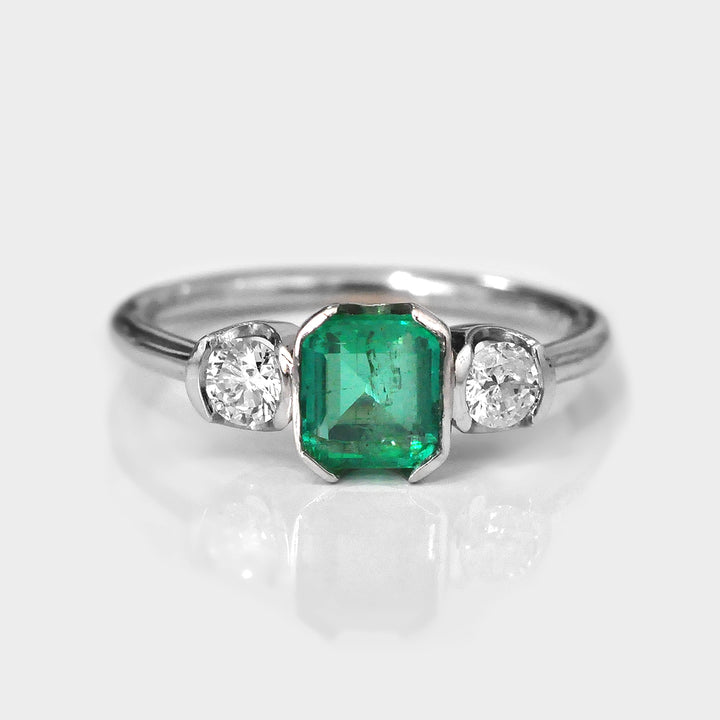 Natural Emerald and Diamonds Three Stones Ring