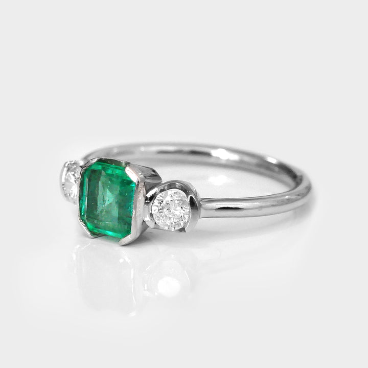 Natural Emerald and Diamonds Three Stones Ring