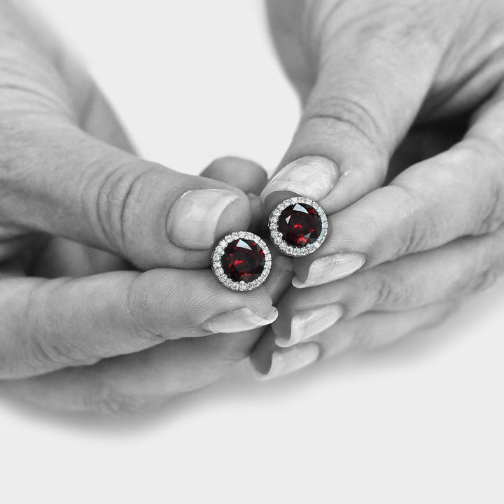 Round Garnet and Diamonds Halo Earrings