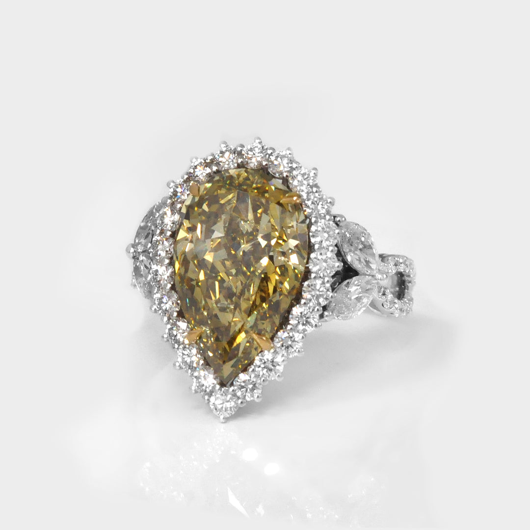 Big Greenish Yellow  Pear Shape Diamond Engagement Ring