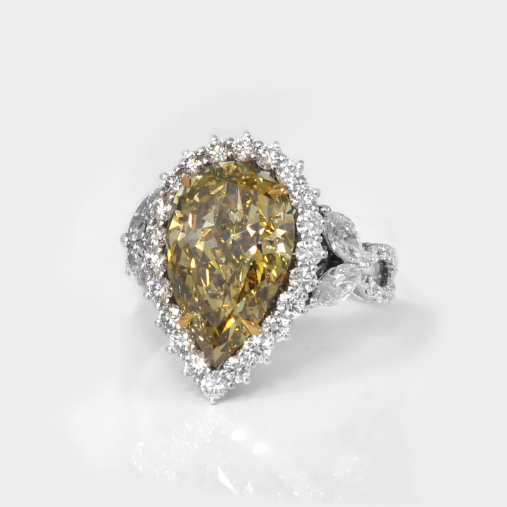 Big Greenish Yellow  Pear Shape Diamond Engagement Ring