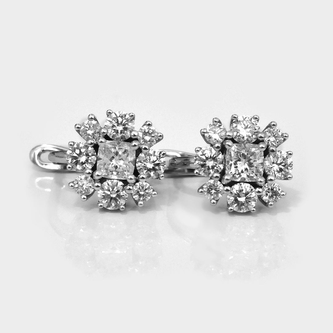 Cushion &amp; Round Diamonds White Gold Cluster Earrings