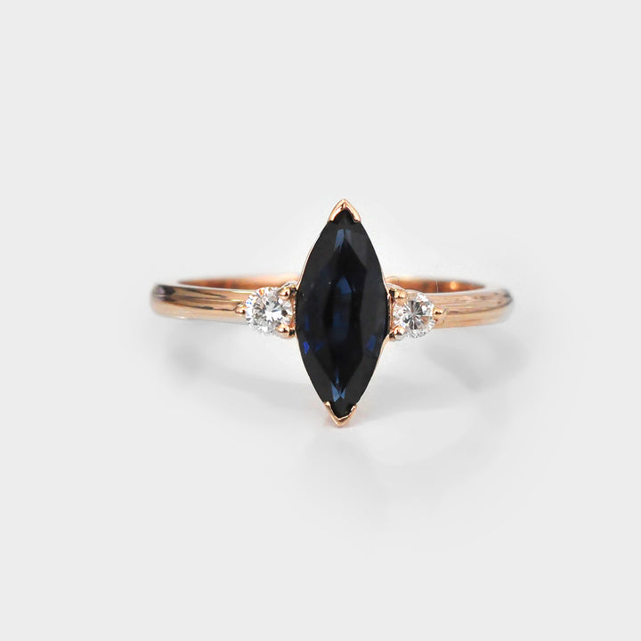 Marquise Cut Deep Blue Sapphire and Diamonds 3 stones Ring