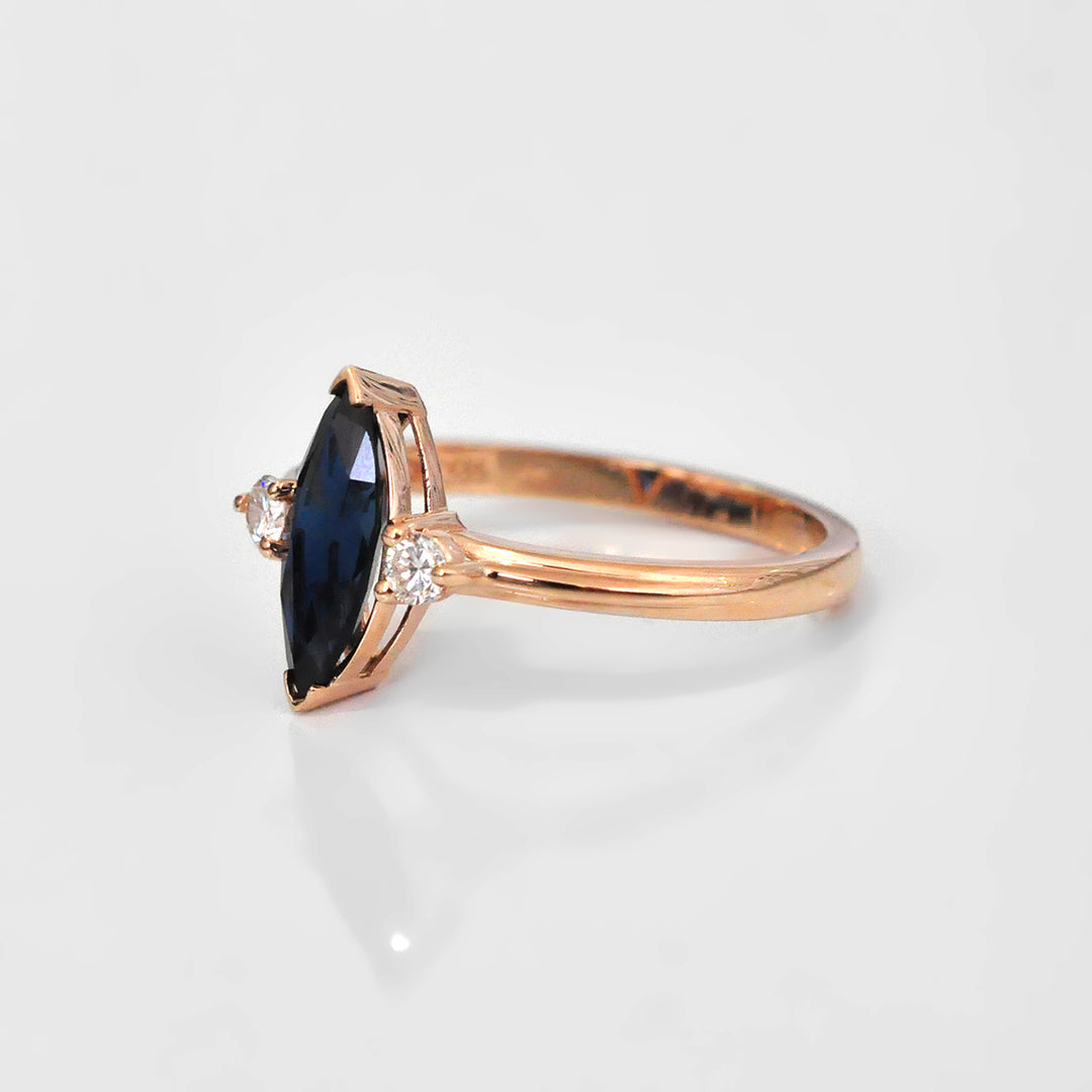 Marquise Cut Deep Blue Sapphire and Diamonds 3 stones Ring