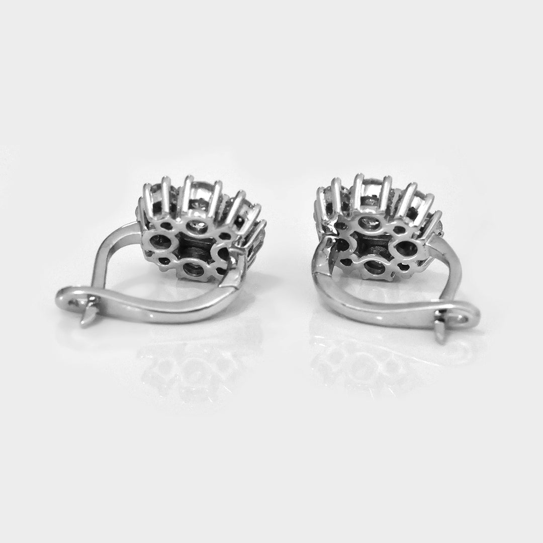 Cushion &amp; Round Diamonds White Gold Cluster Earrings