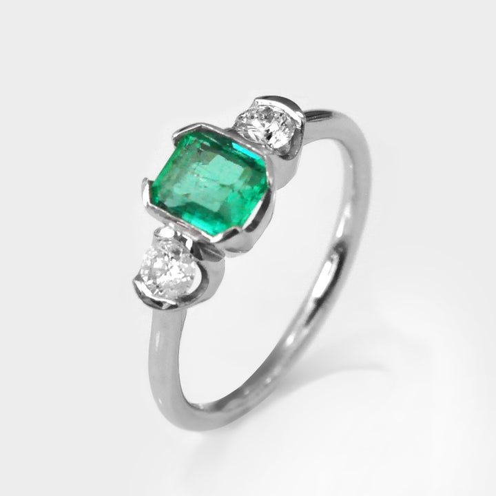 Natural Emerald and Diamonds Three Stones Ring