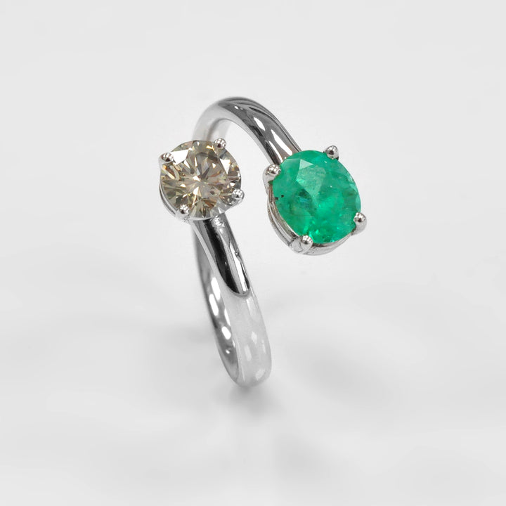Oval Green Emerald and Diamond Classic Twin Ring