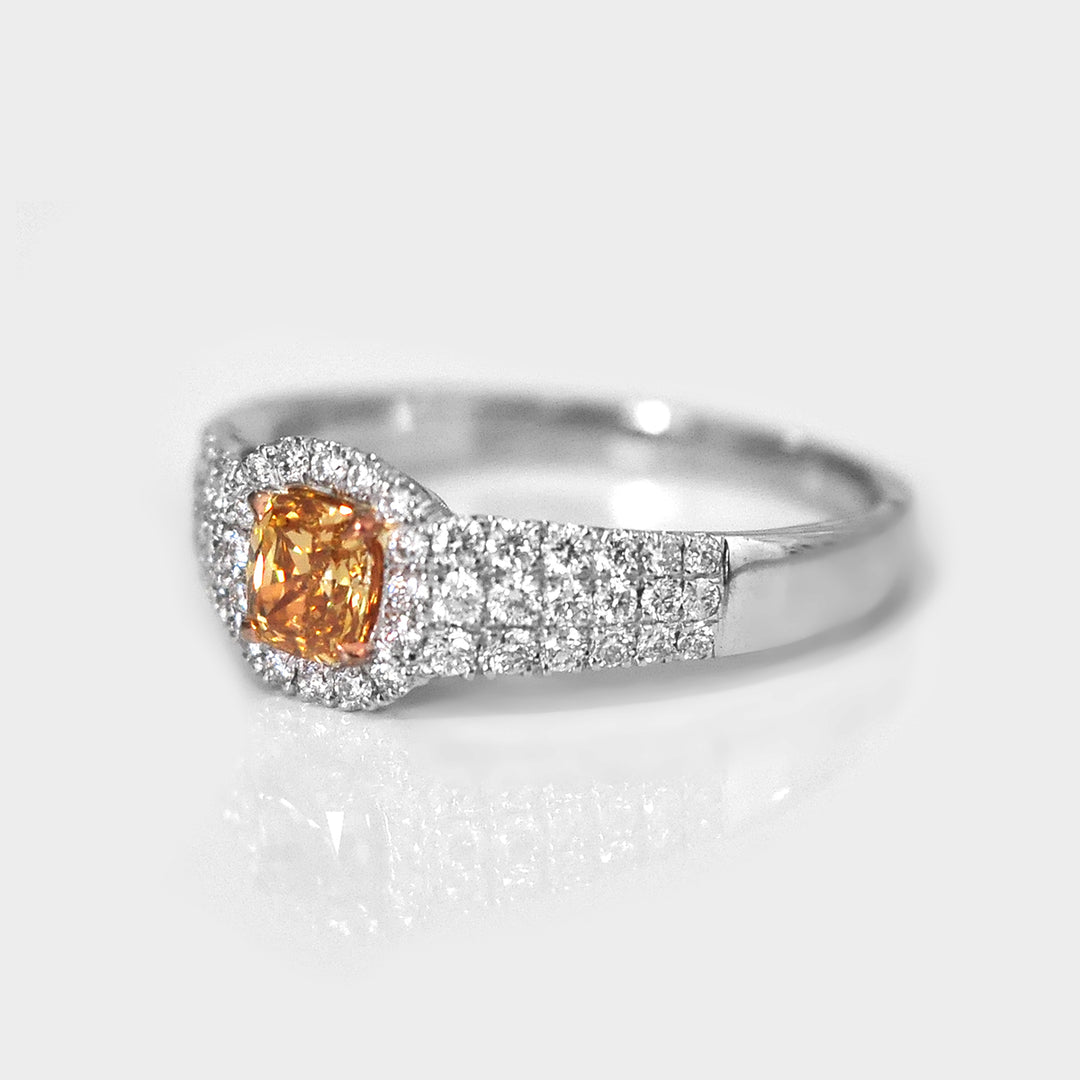 Fancy Orange center Diamond Pave side Diamonds Ring