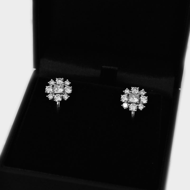 Cushion &amp; Round Diamonds White Gold Cluster Earrings