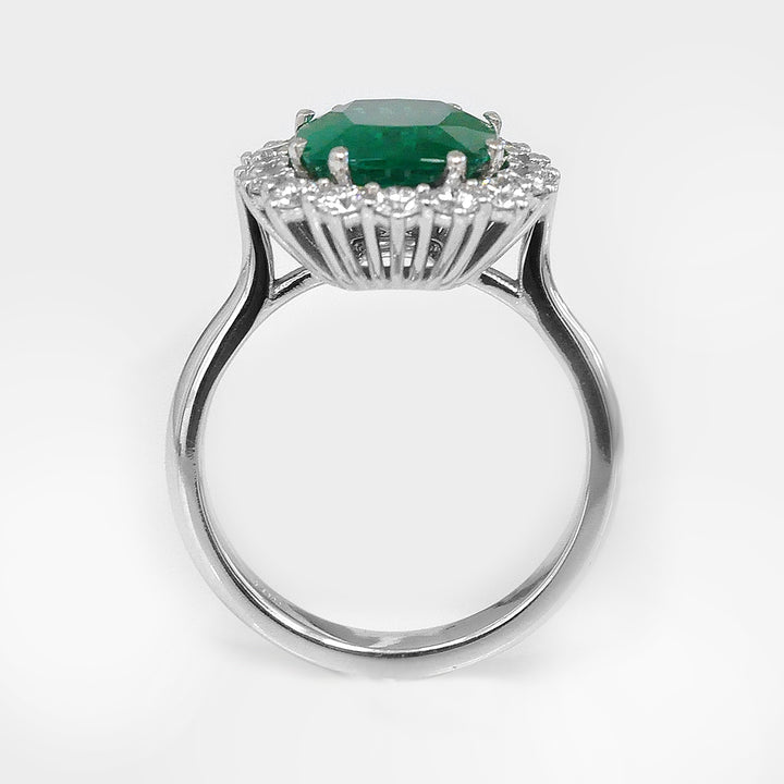Green Emerald Ring and White Diamonds Halo