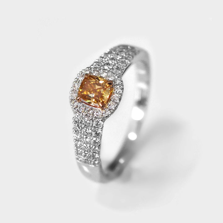 Fancy Orange center Diamond Pave side Diamonds Ring