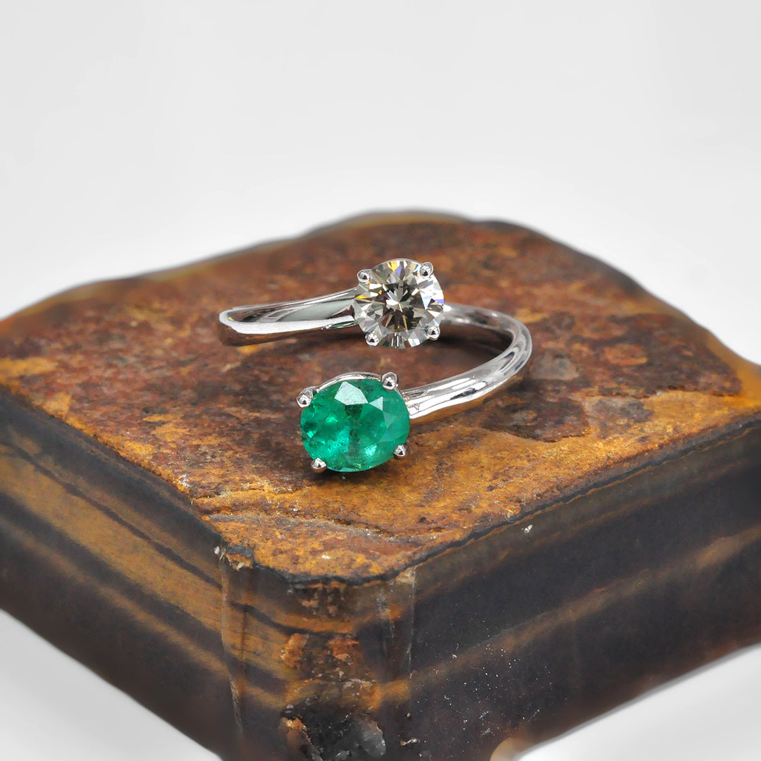 Oval Green Emerald and Diamond Classic Twin Ring