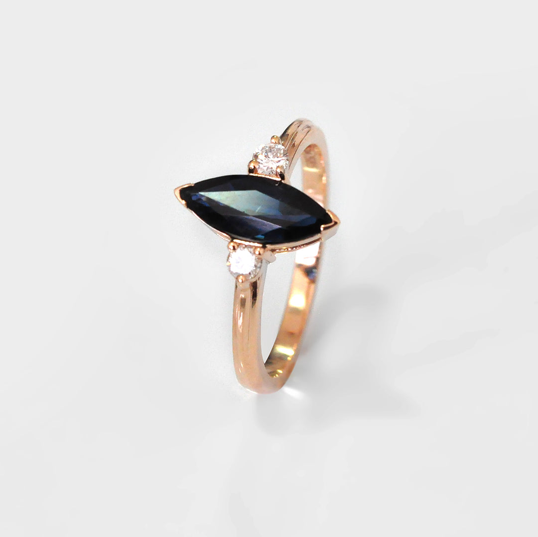 Marquise Cut Deep Blue Sapphire and Diamonds 3 stones Ring