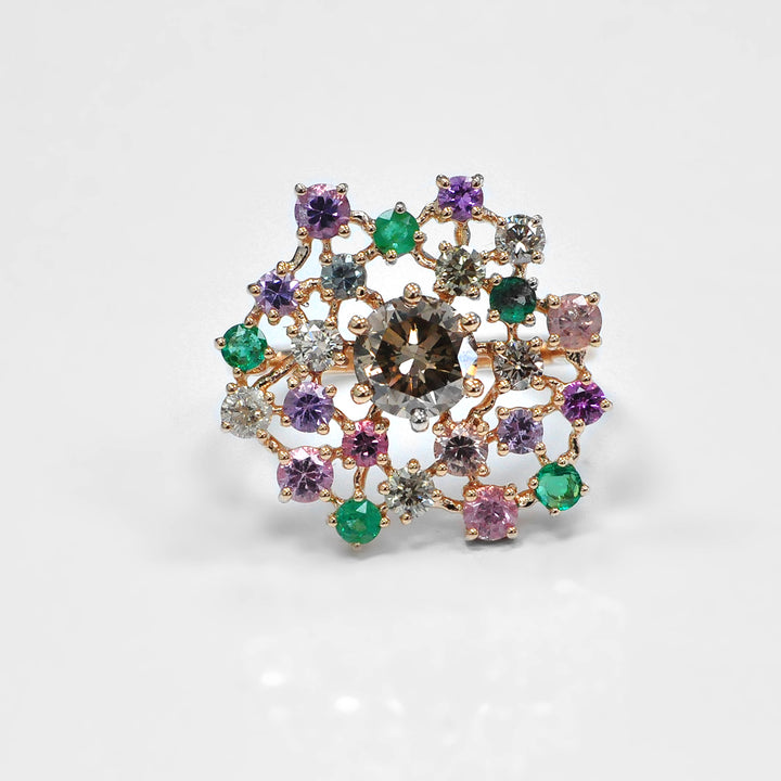 Colorful Diamonds and Gemstones Cluster Ring in Rose Gold