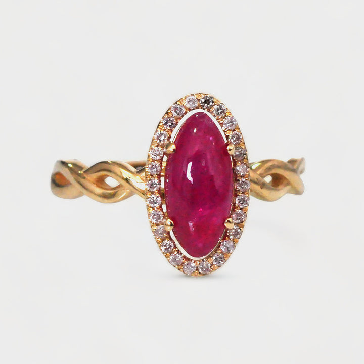 Long Oval Cabochon Ruby Halo Diamonds Ring
