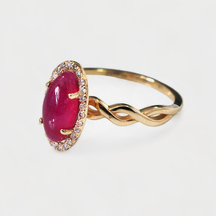 Long Oval Cabochon Ruby Halo Diamonds Ring