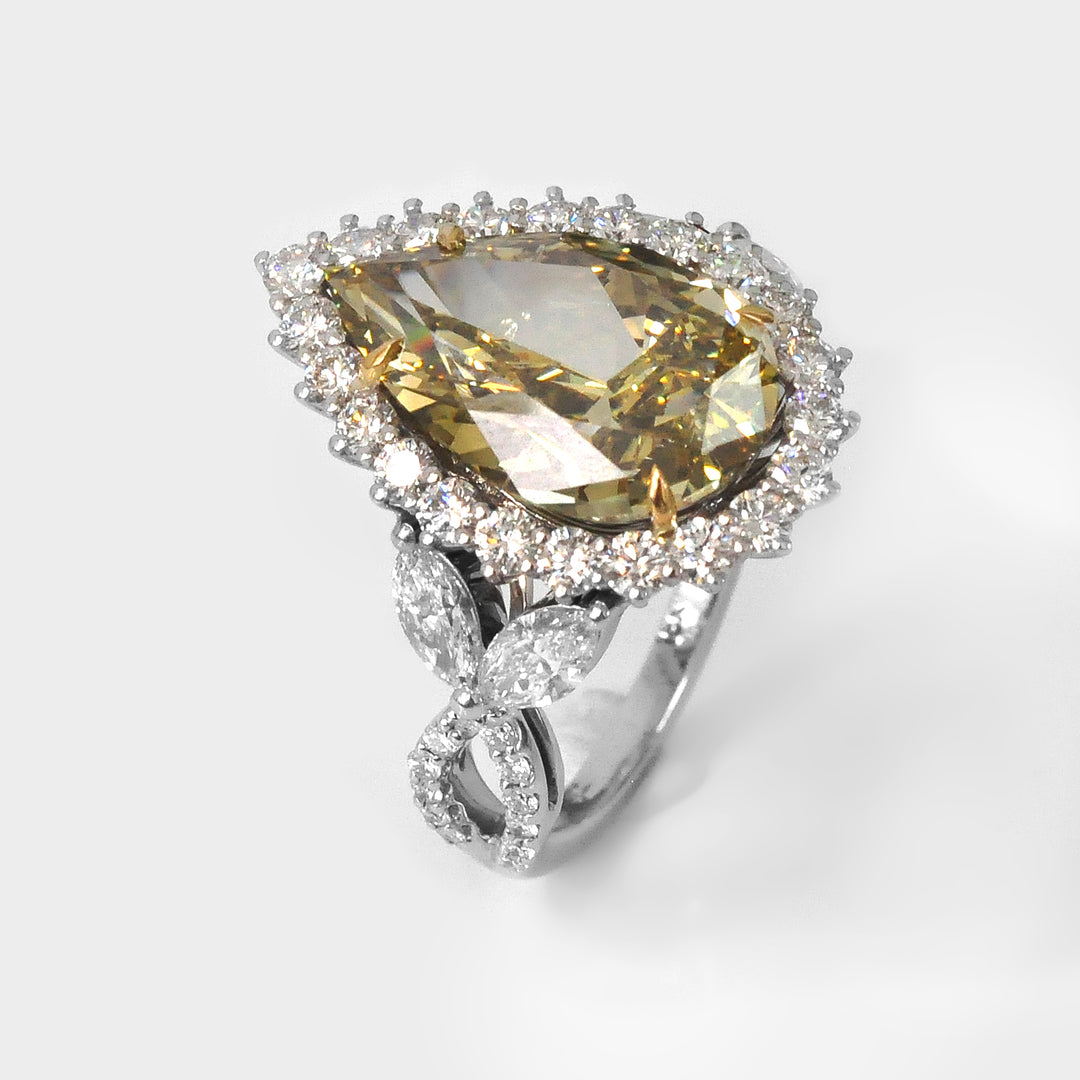 Big Greenish Yellow  Pear Shape Diamond Engagement Ring