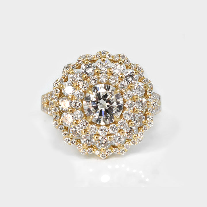 White Diamond Triple Halo Ring in Yellow Gold