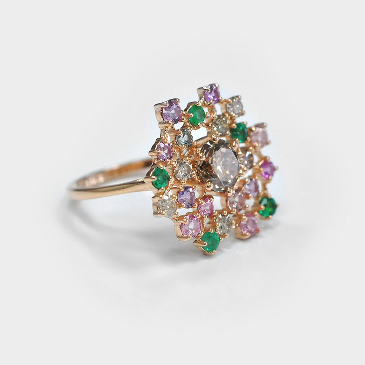 Colorful Diamonds and Gemstones Cluster Ring in Rose Gold