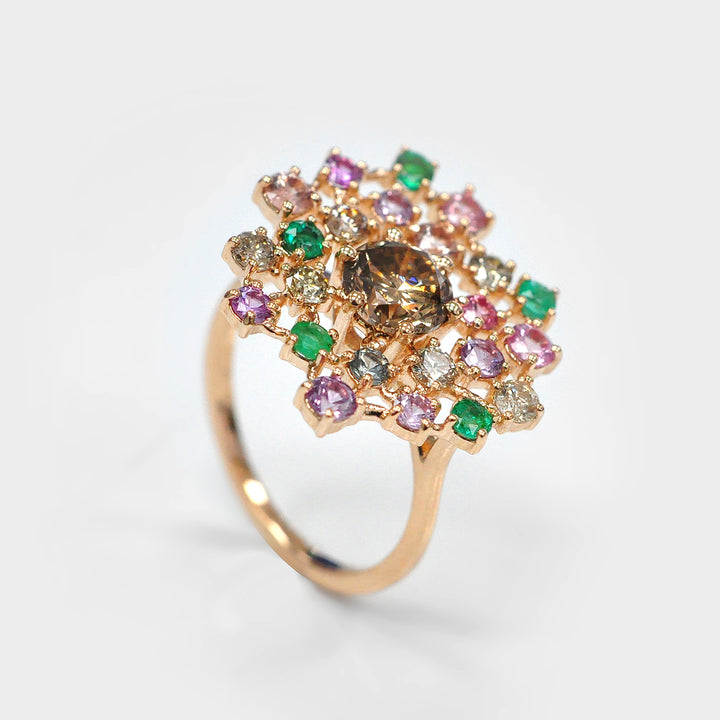 Colorful Diamonds and Gemstones Cluster Ring in Rose Gold